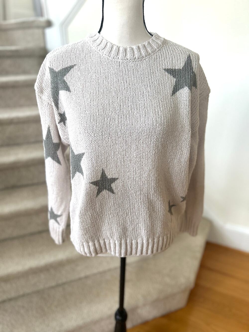 Splendid Grey Star Print Cotton Knit Crewneck Long Sleeve Sweater Boho Celestial